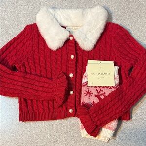 Cynthia Rowley Red Cardigan with White Faux Fur Collar and Leg Warmers